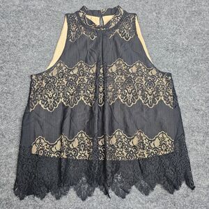 Love, Fire Womens Lace Top Medium Black Sleeveless Mock Neck Keyhole Back Cute!
